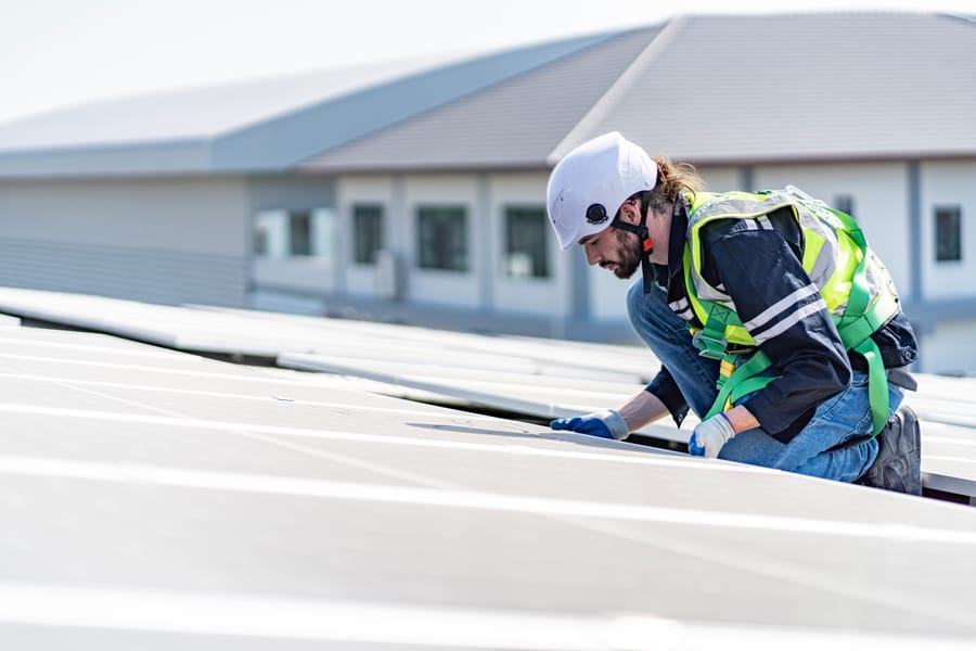 White TPO roofing membrane on a commercial building